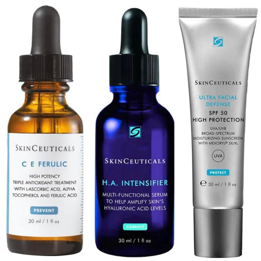 SkinCeuticals 組合套裝：C E 阿魏精華 30 毫升，H.A.強化劑 30 毫升，超面部防護 SPF 50 30 毫升 - 釋放肌膚煥發光彩和受保護的力量