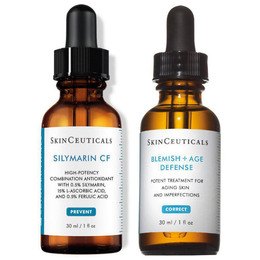 SkinCeuticals 抗瑕疵套裝：淡斑 + 抗衰老 30 毫升 + 水飛薊素 CF 30 毫升 - 強大的二重奏，讓肌膚更潔淨、更健康。